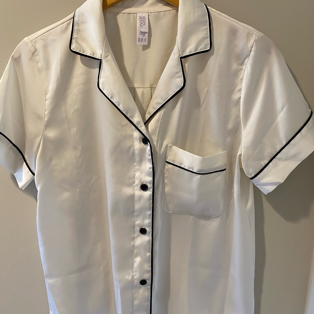 Stars Above White Satin Pajama set with Black Trim